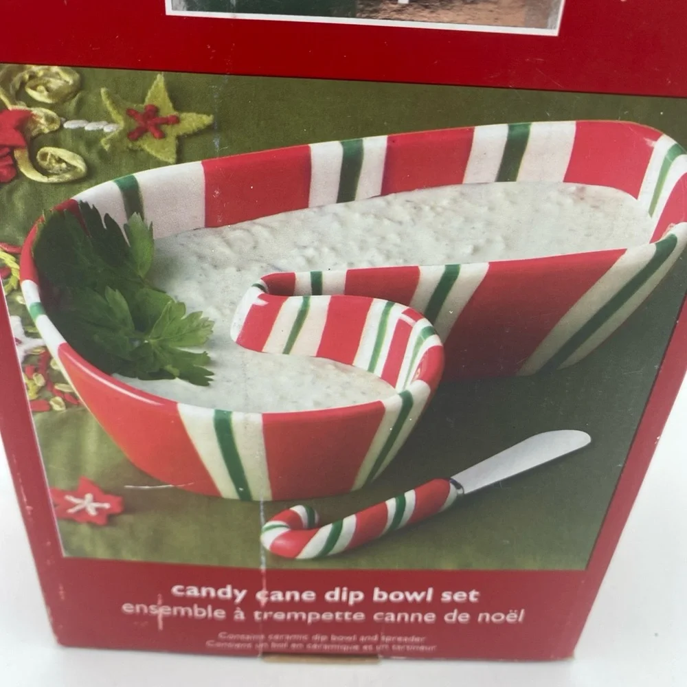 Pier 1 Imports Candy Cane Dip Bowl And Spreader Set ceramic New Open Box